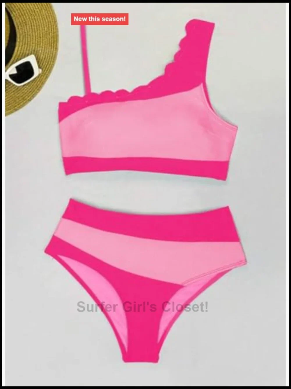 One Shoulder Color Block High Waisted Bikini Set Petal Edges Swimsuit
